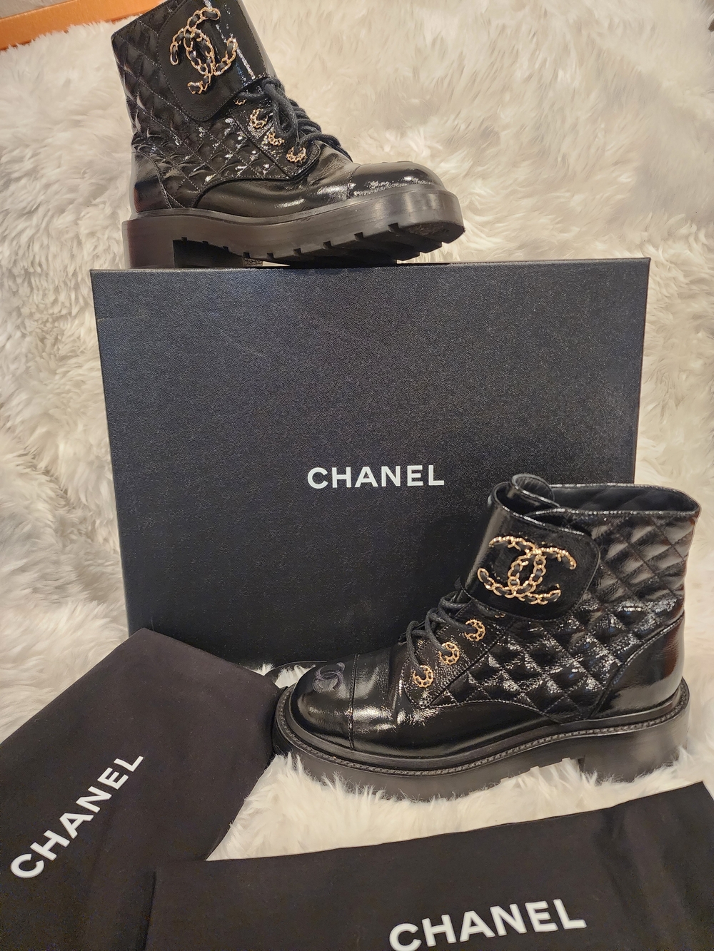Chanel Black Quilted Leather Combat Boots with Gold CC Logo